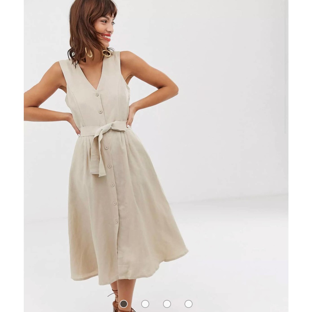 & Other Stories Tan Linen Blend Midi Dress Sz 10